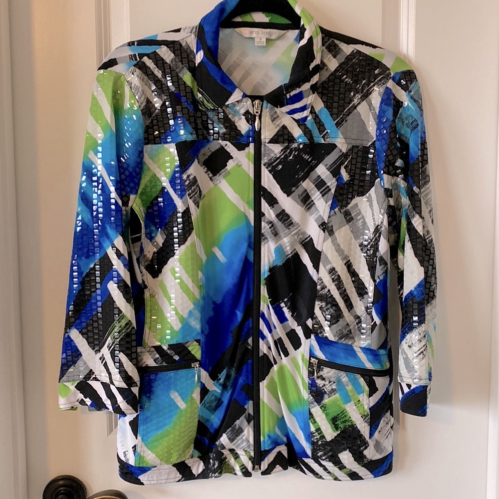 Erin London Festive Jacket, Collared 3/4 length sleeves pockets zips front
